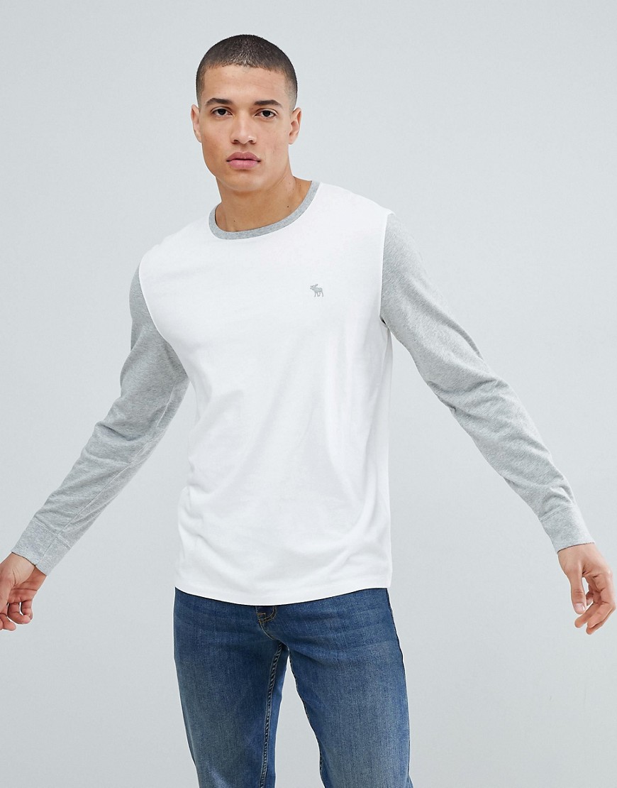 Abercrombie & Fitch icon logo colour block long sleeve top in white/grey
