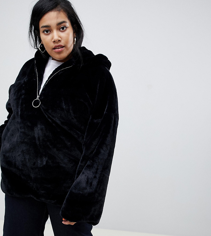 Glamorous Curve half zip hooded jacket in faux fur - Black