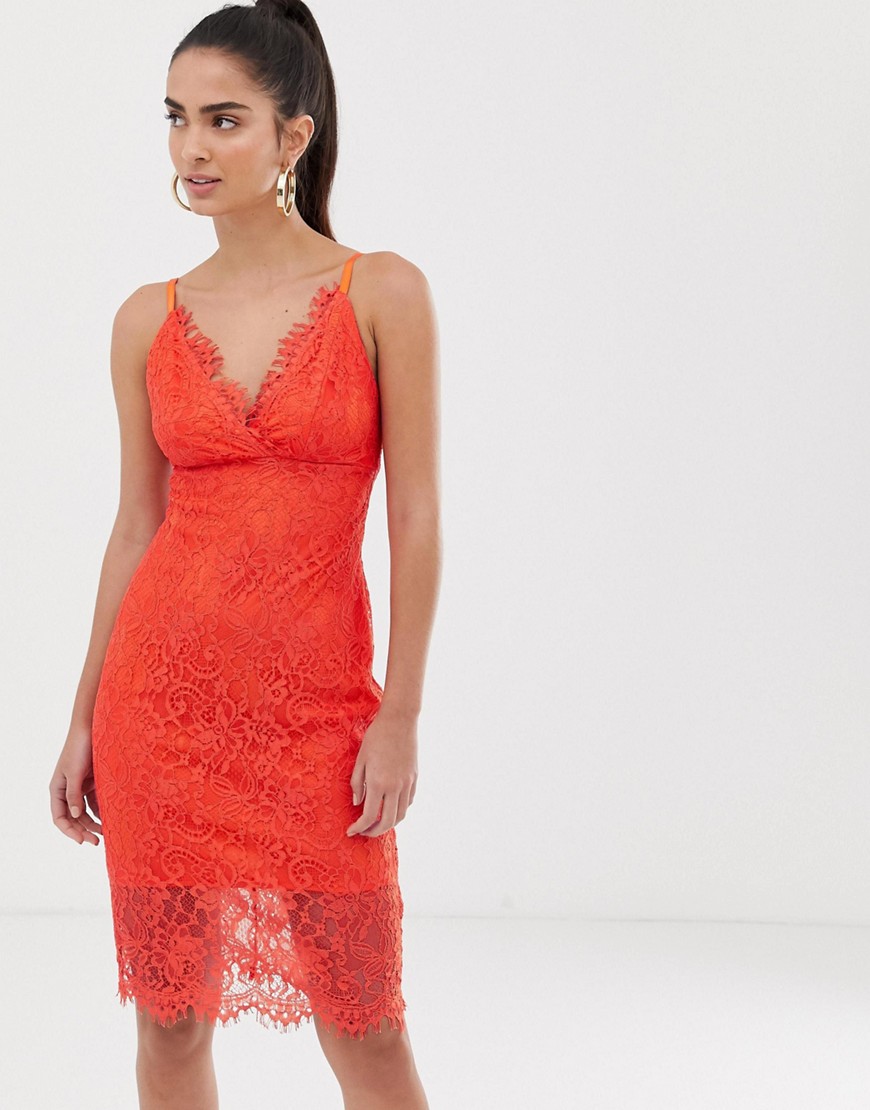 Flounce London scalloped lace cami strap mini dress in orange