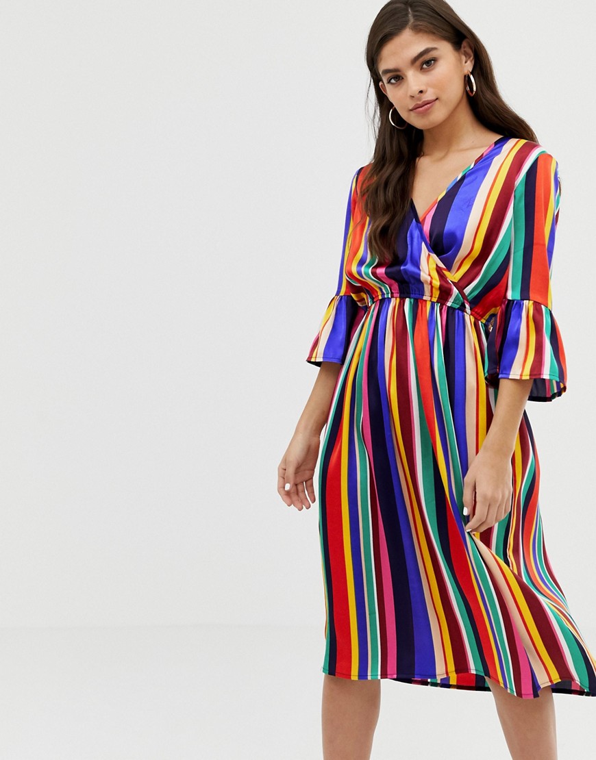 Influence flared sleeve wrap dress in rainbow stripe