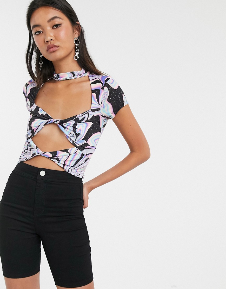 Asos Design Crop Top With Cap Sleeve And Cut Out Detail In Marble-multi