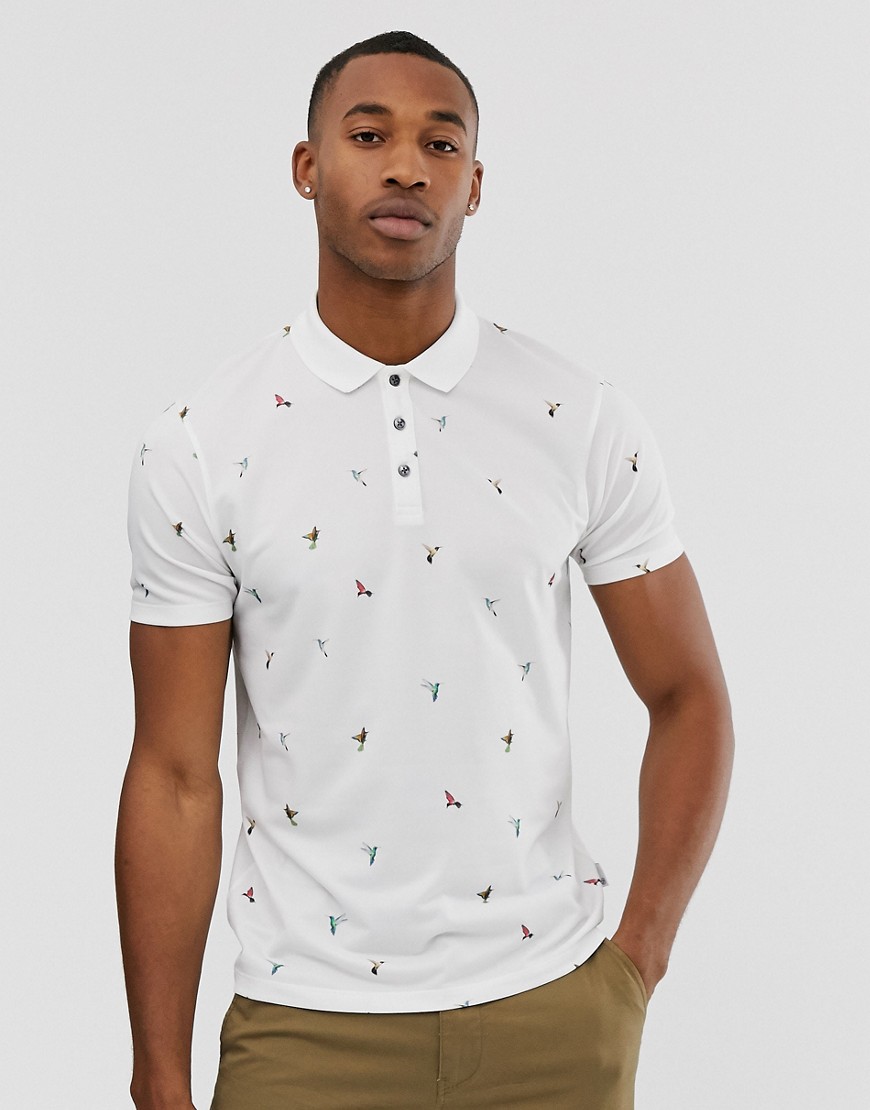 Burton Menswear polo shirt with bird print in white