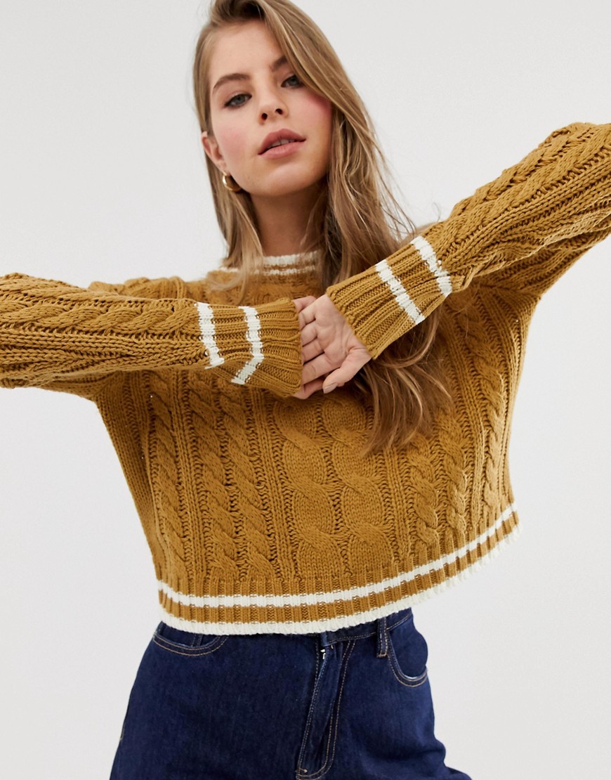 QED London cable knit jumper with contrast tipping stripe
