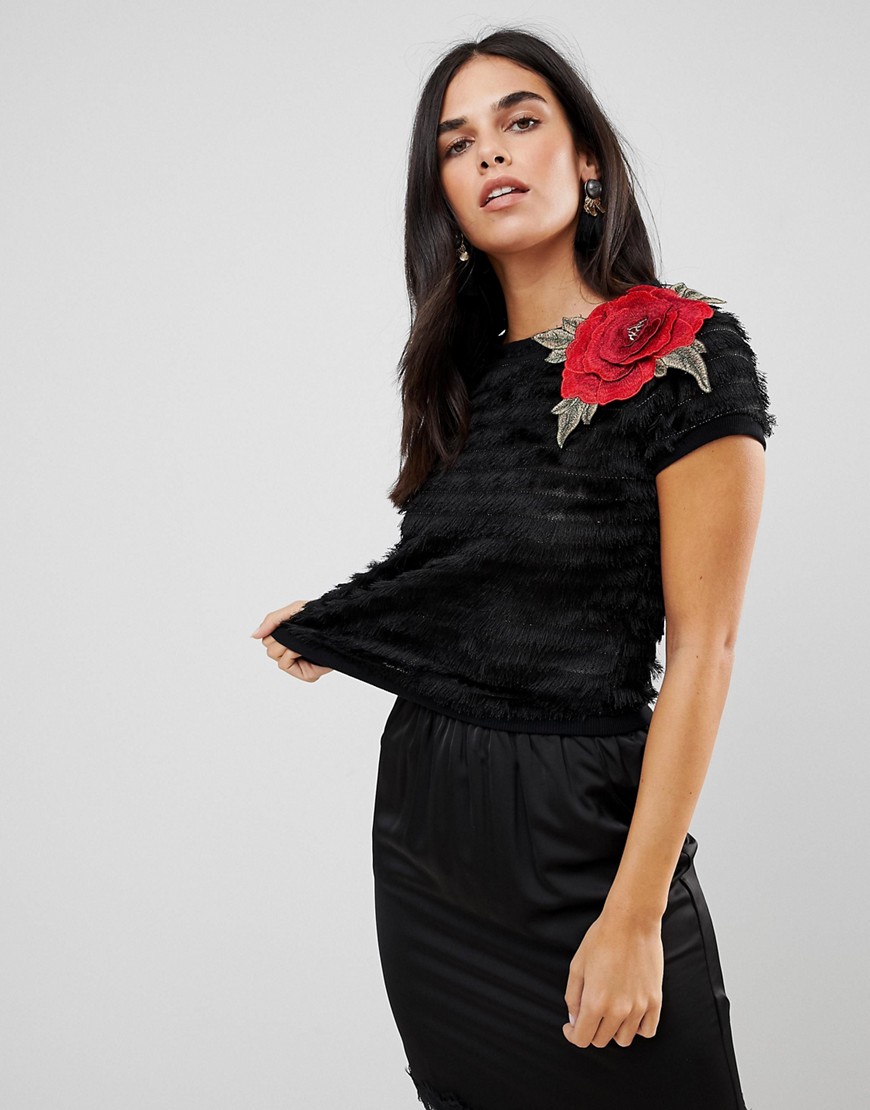 Traffic People Textured Cropped Top With Rose Applique - Black