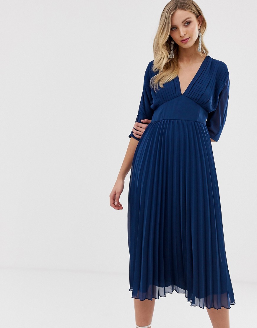 Asos Design Pleated Midi Dress With Batwing Sleeves-navy