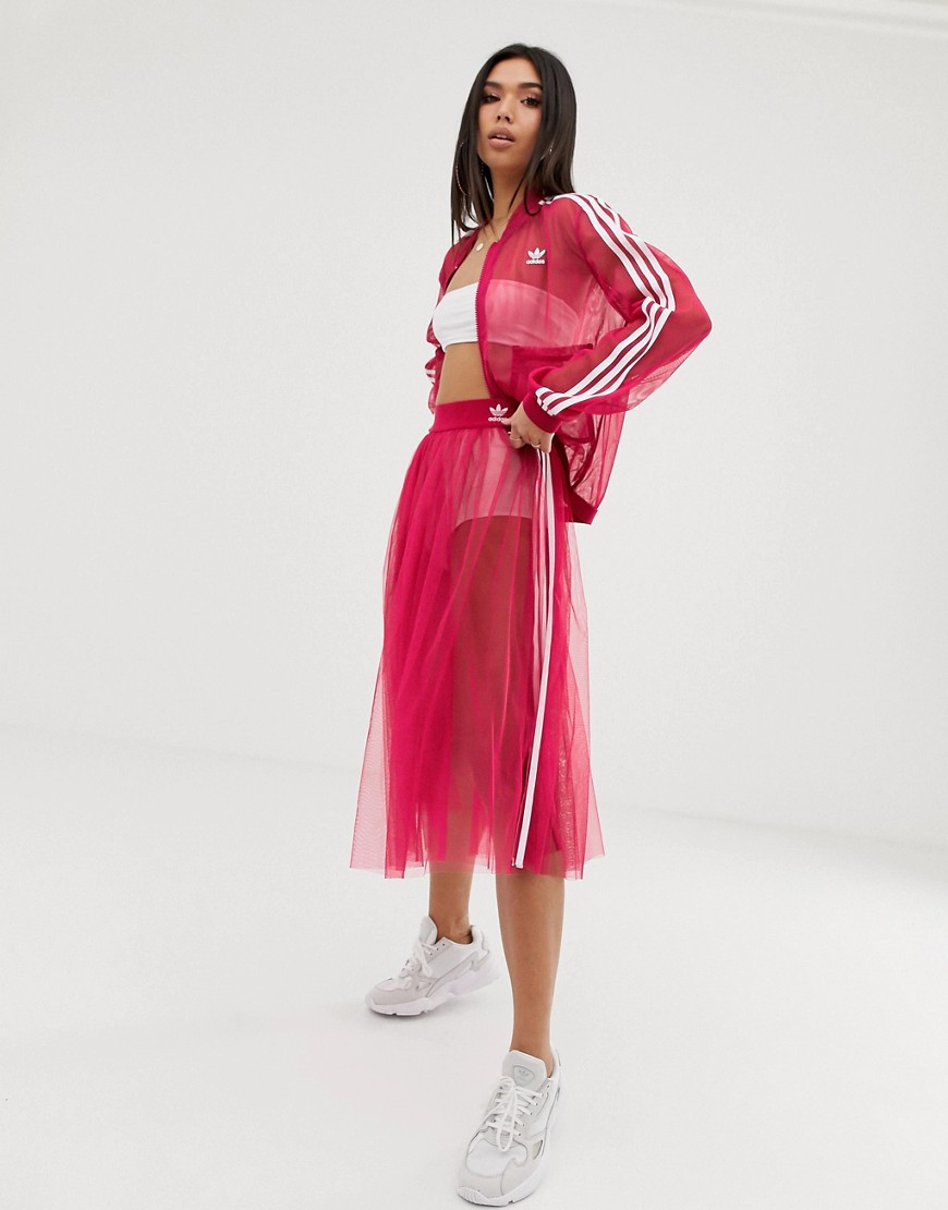 adidas Originals Sleek three stripe mesh tulle skirt in pink