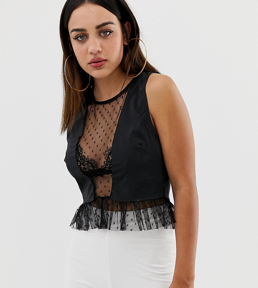 PrettyLittleThing dobby mesh panel crop top in black