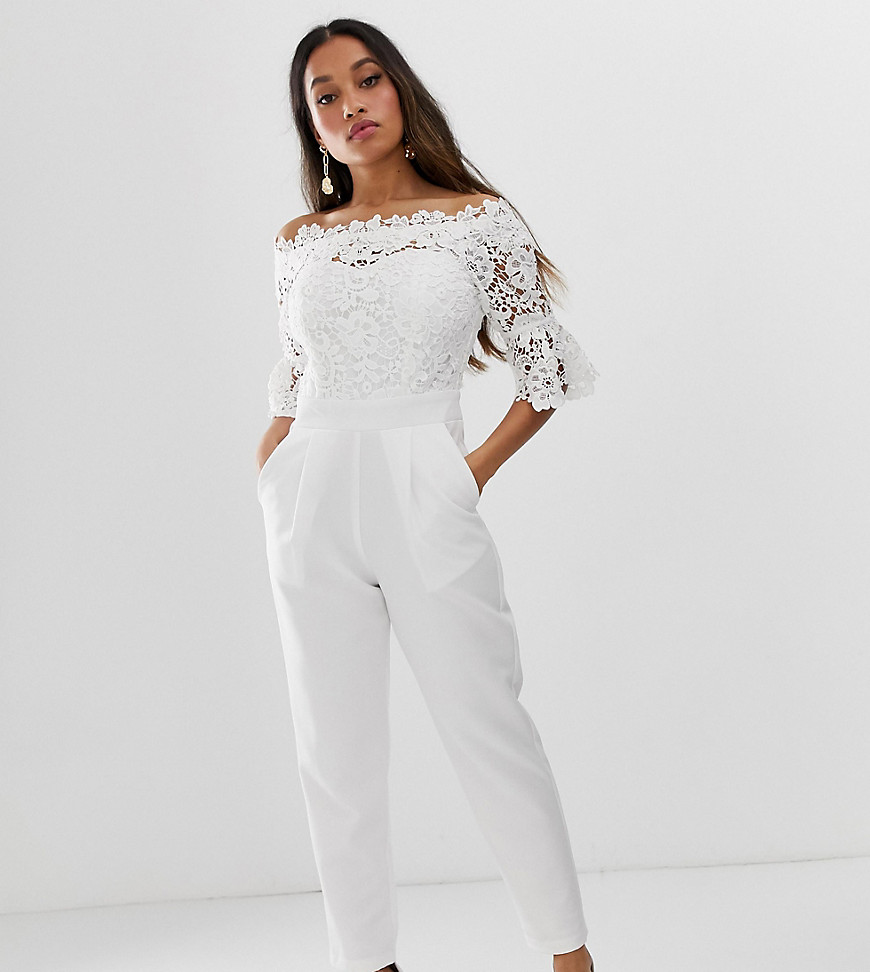 Paper Dolls Petite bardot cutwork lace tailored jumpsuit in white