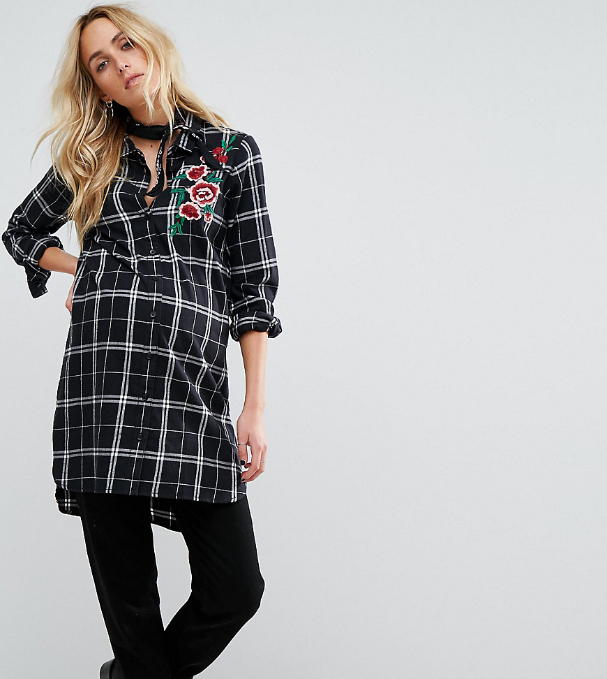 Supermom Longline Checked Shirt With Embroidery