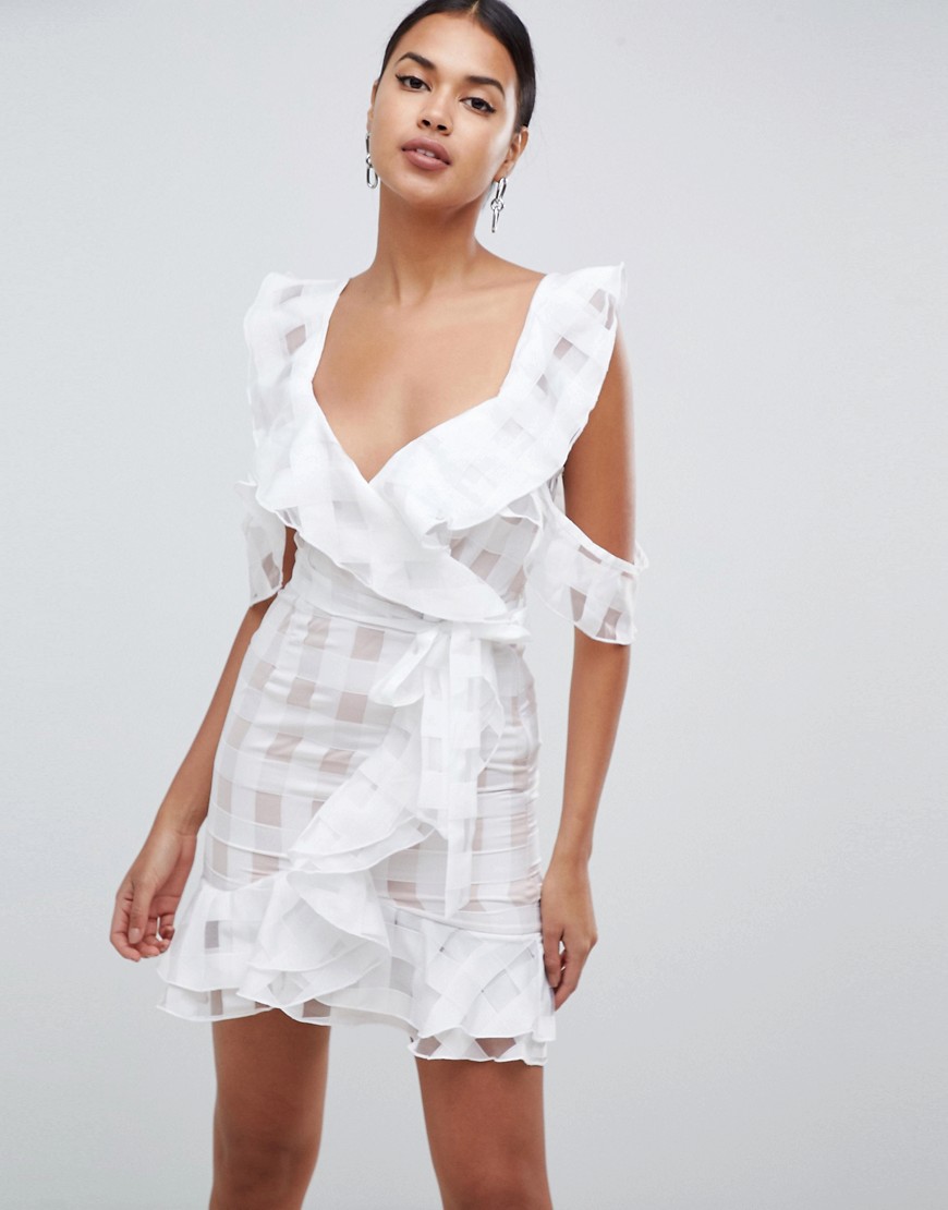 Missguided cold shoulder ruffle detail shift dress in white
