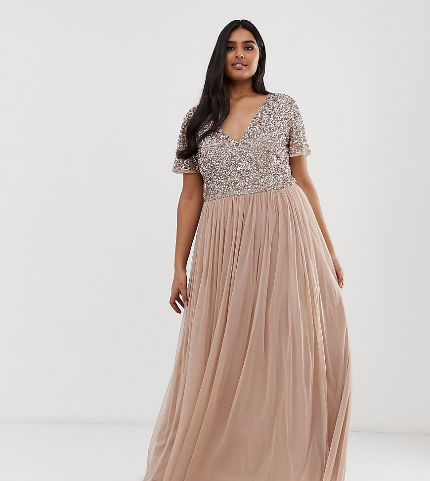 Maya Plus Bridesmaid v neck maxi tulle dress with tonal delicate sequins in taupe blush