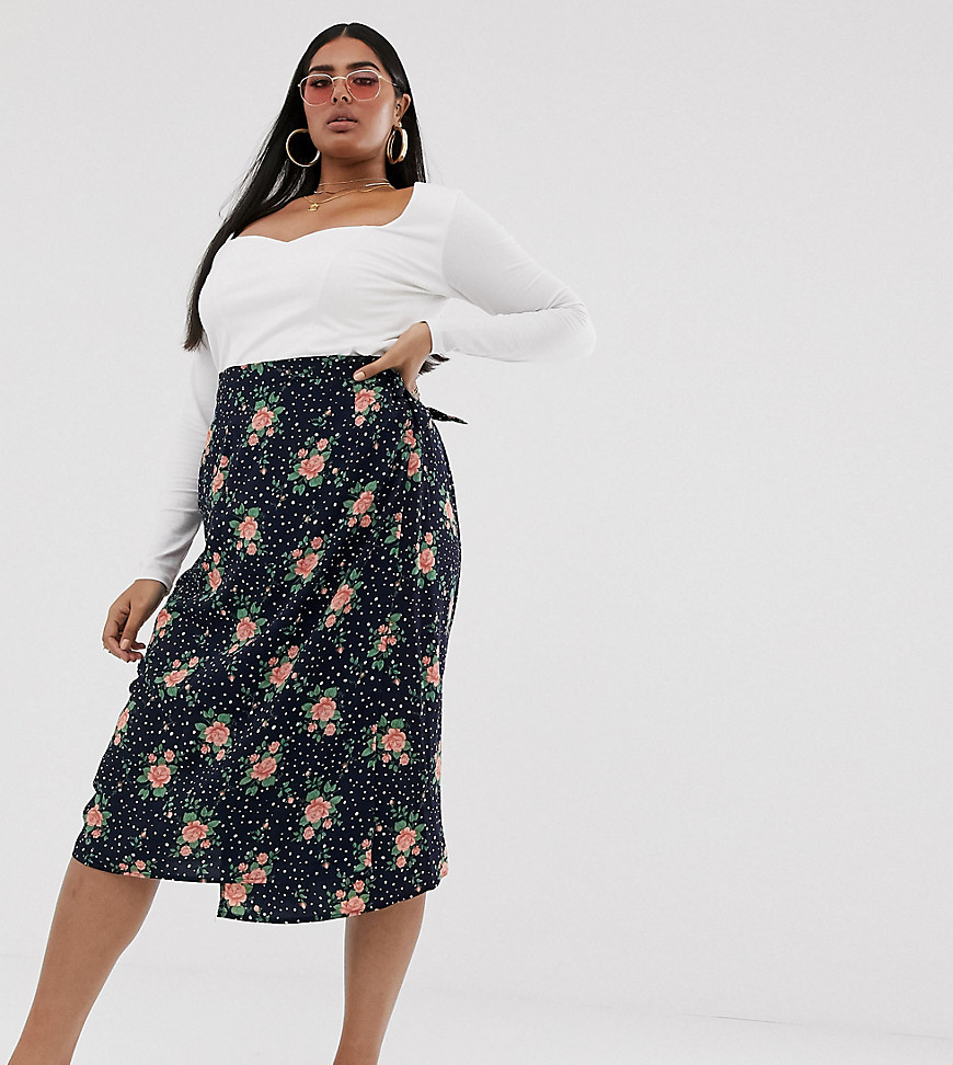 Missguided Plus Exclusive satin wrap midi skirt in polka and floral print