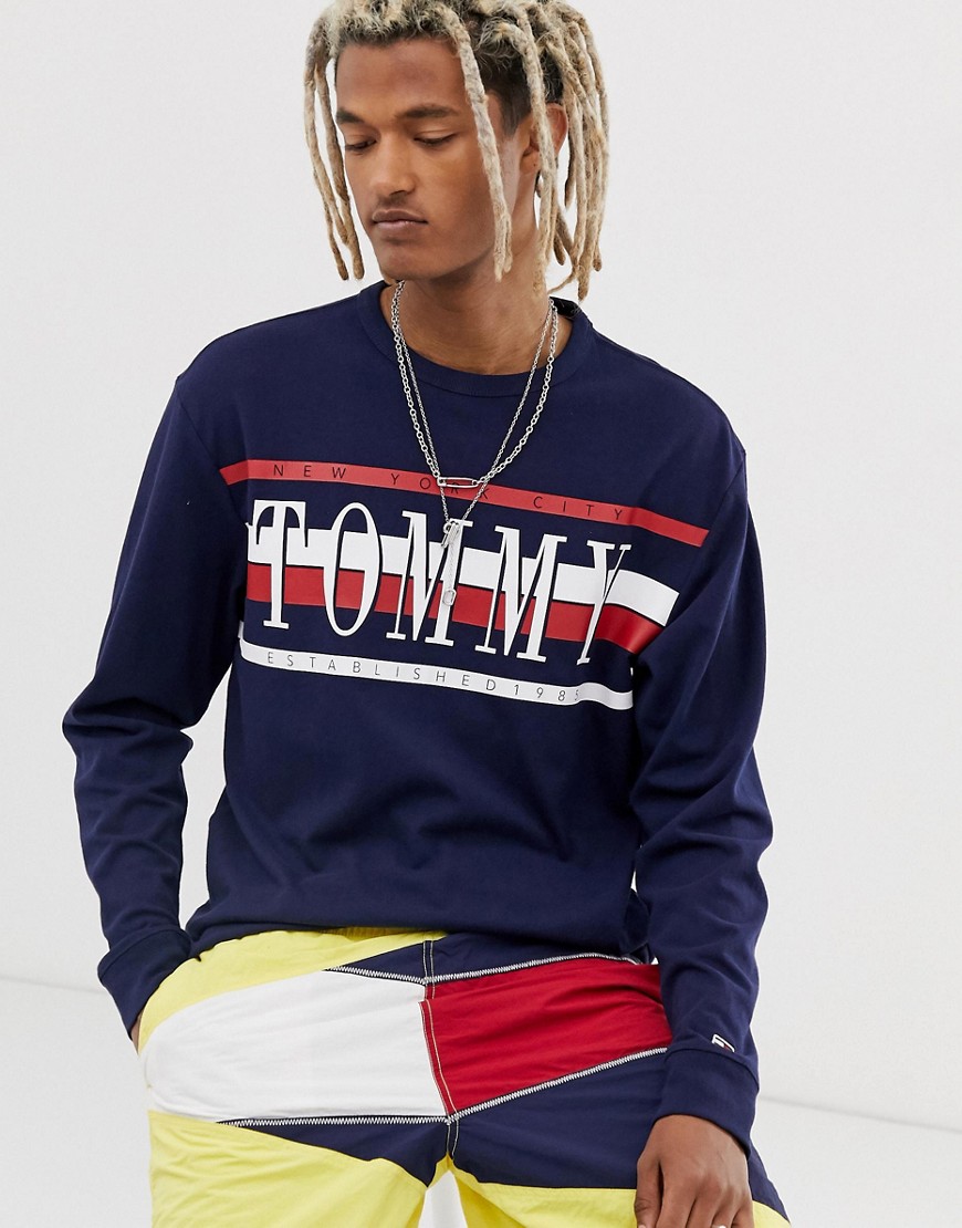 Tommy Jeans retro long sleeve top with large chest logo in navy
