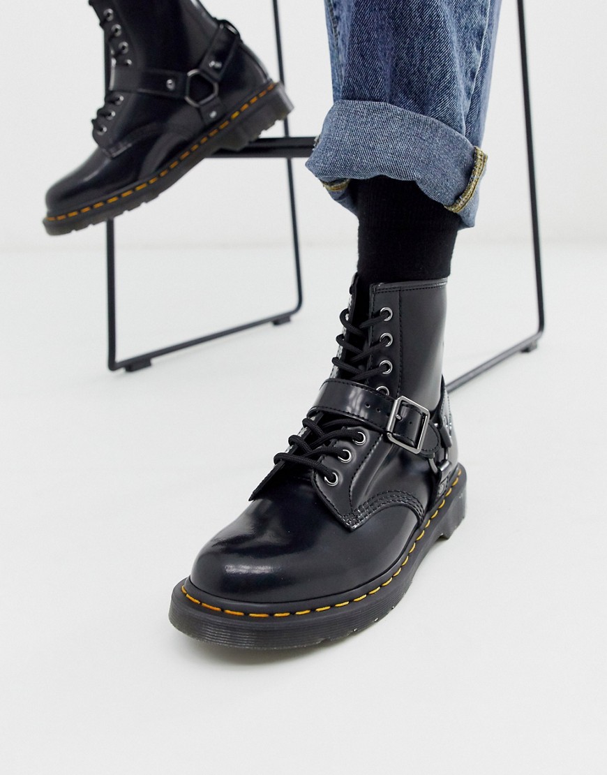 Dr Martens 1460 harness 8 eye boots in black polished smooth