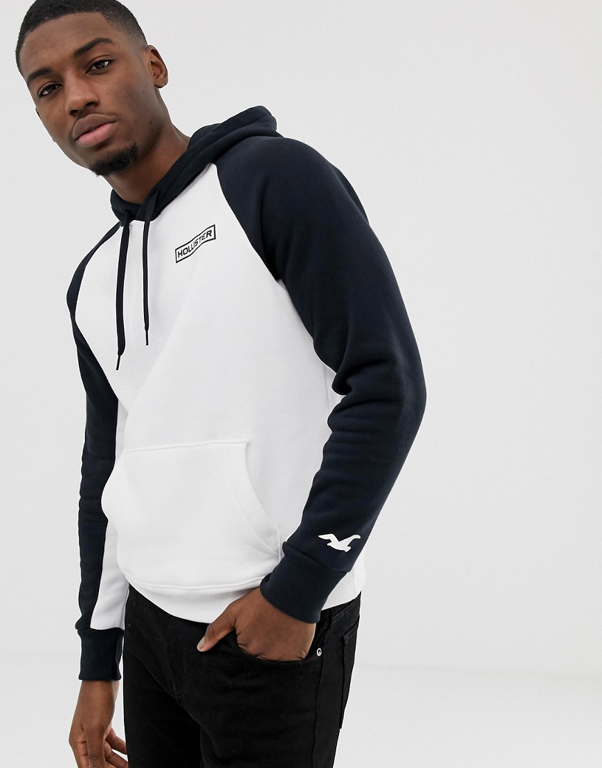 Hollister back colourblock logo hoodie in white/black
