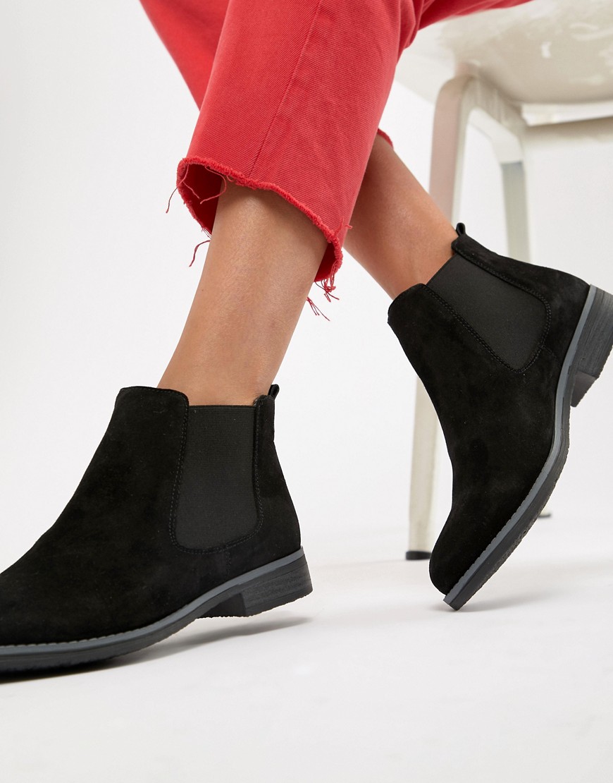 Dune Prompted Black Suede Flat Chelsea Boots