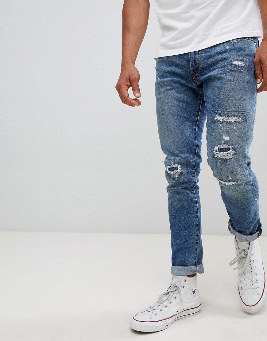 Polo Ralph Lauren Sullivan distressed repair slim fit jeans in light vintage wash - Blue