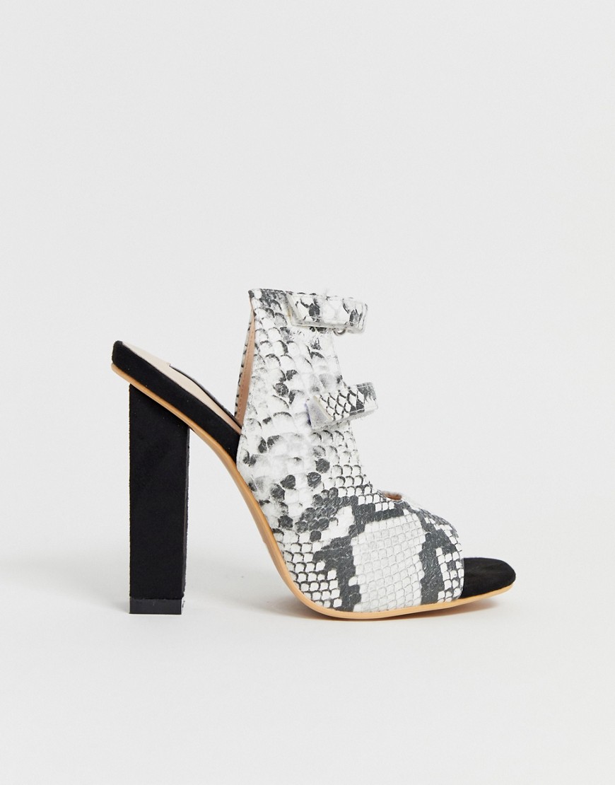 Lost Ink strappy detail heeled mules in snake