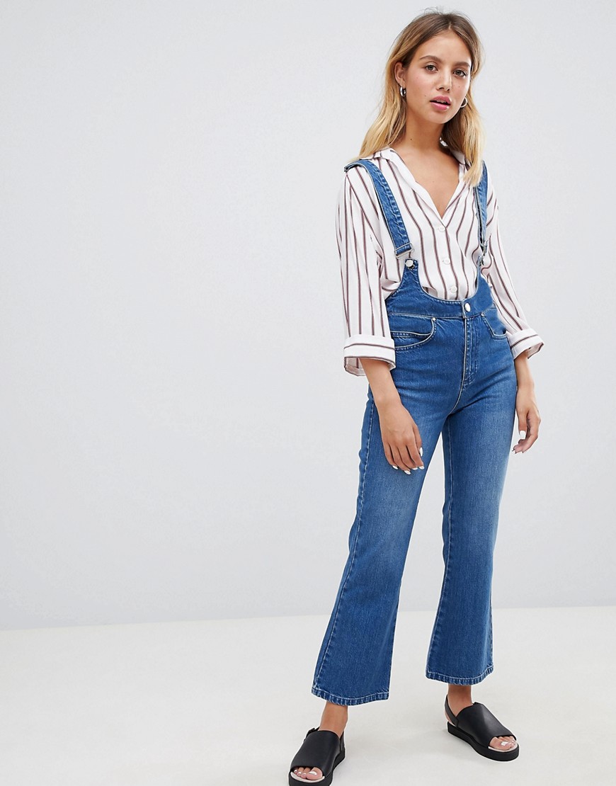 Asos Design Egerton Rigid Cropped Flare Jeans In Mid Wash With Suspenders - Blue
