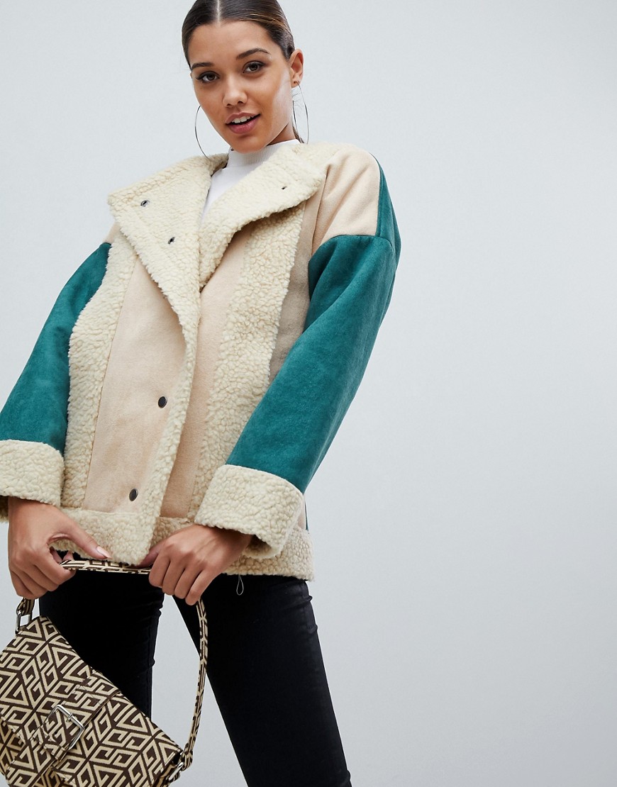 PrettyLittleThing colour block shearling jacket in cream