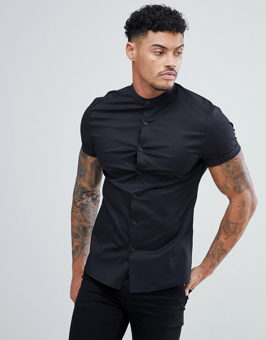 Asos Design Stretch Skinny Fit Shirt In Black With Grandad Collar
