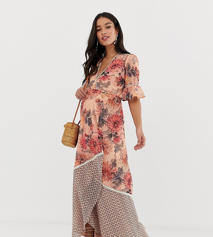 Hope & Ivy Maternity wrap front maxi dress with frill sleeve in contrast floral print