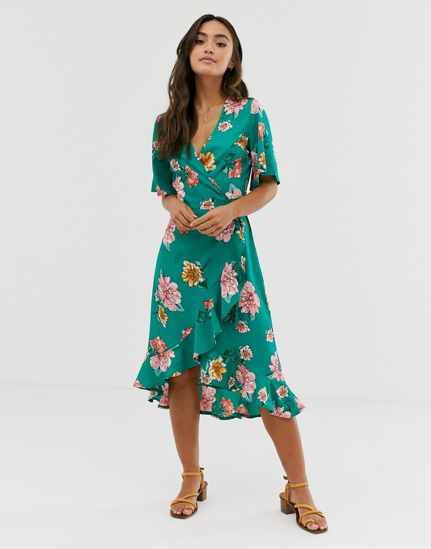 Influence midi wrap dress with frill in floral print