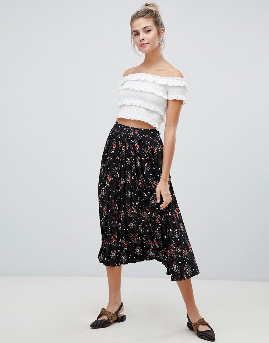 Influence pleated midi skirt in floral and star print