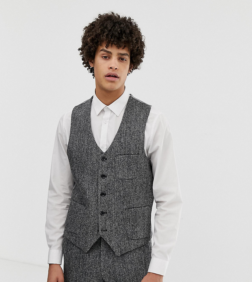 Noak slim fit harris tweed waistcoat in grey
