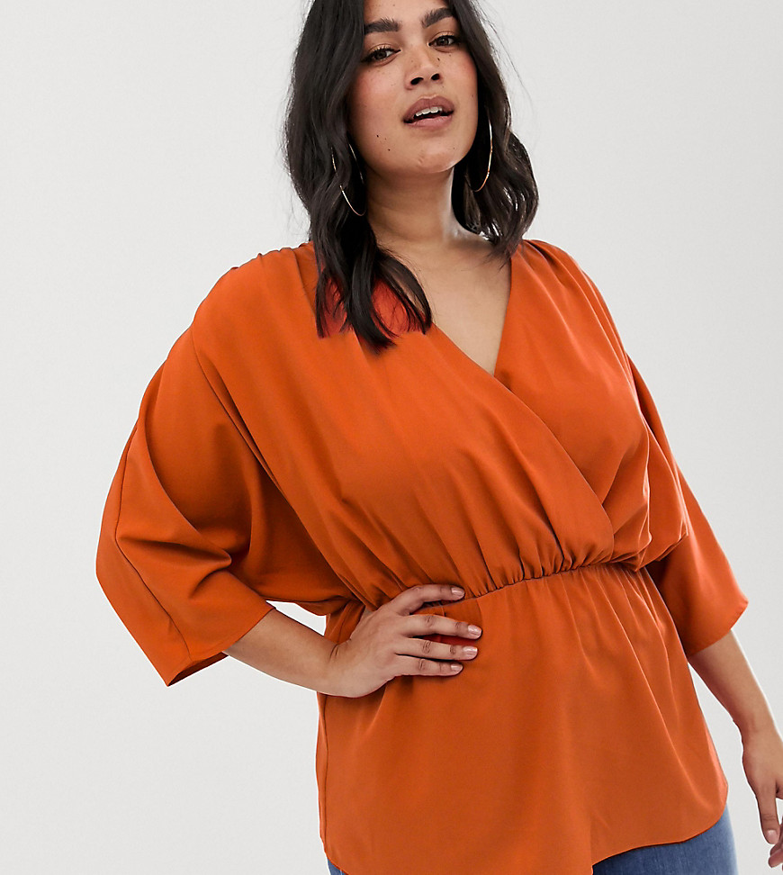 ASOS DESIGN Curve wrap top with ruched sleeves