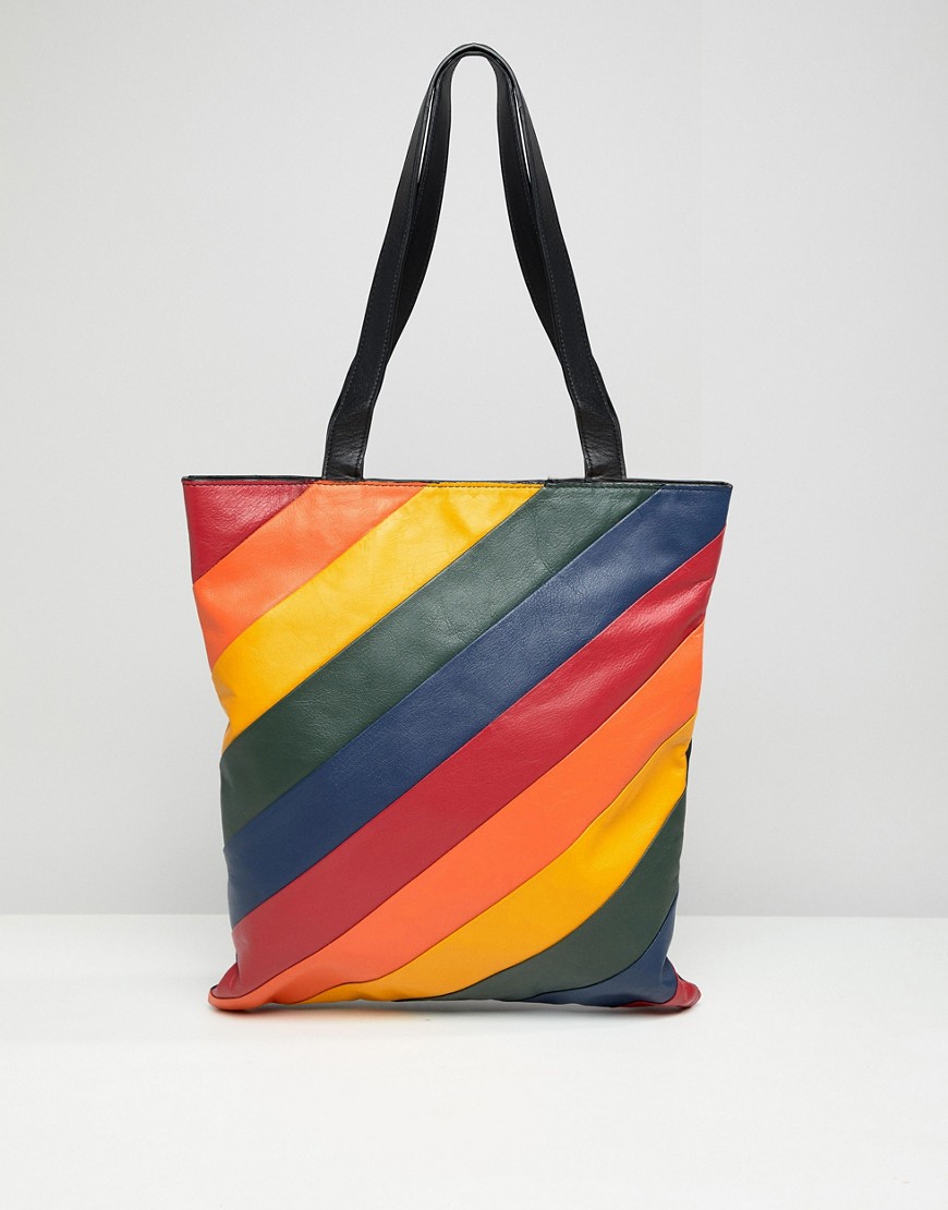 Warehouse leather shopper bag in rainbow stripe - Multi