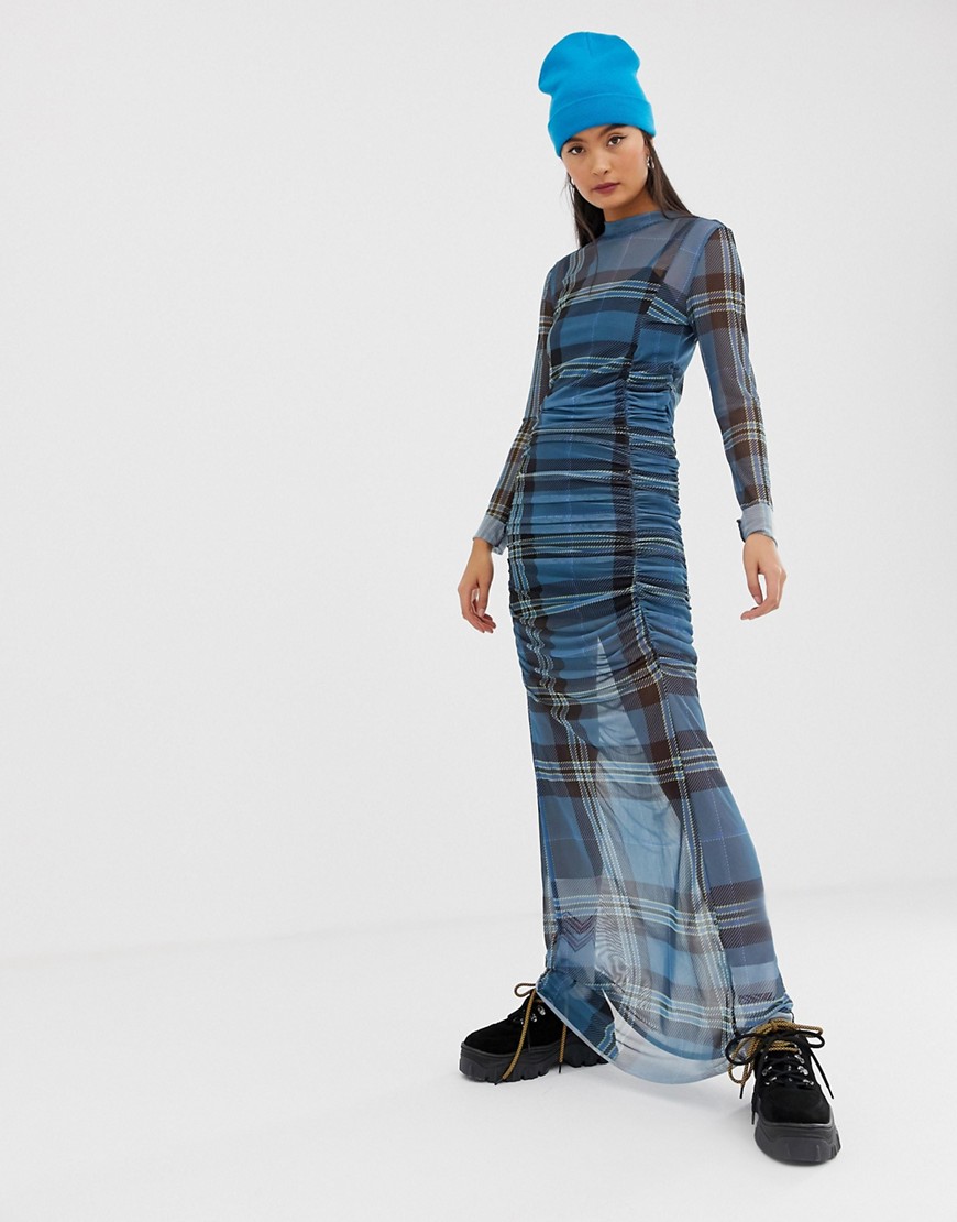 New Girl Order high neck maxi dress in check mesh with rouching
