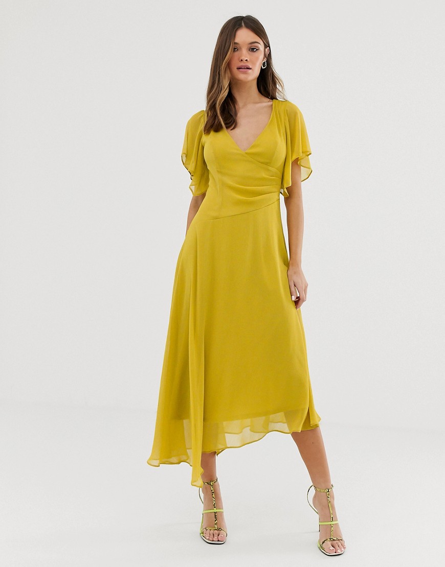 Asos Design Wrap Front Midi Dress With Fluted Sleeve Detail-yellow