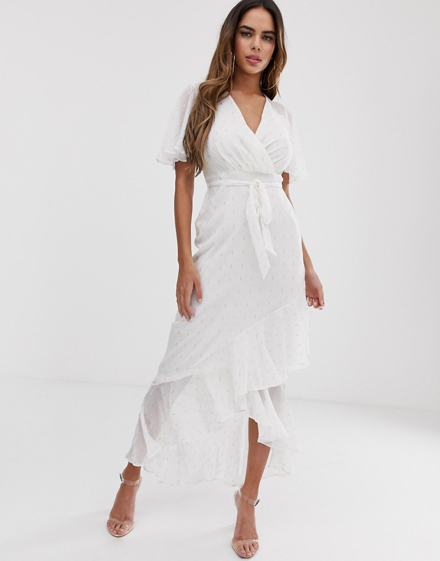 Lipsy frill detail maxi dress with metallic spot in white