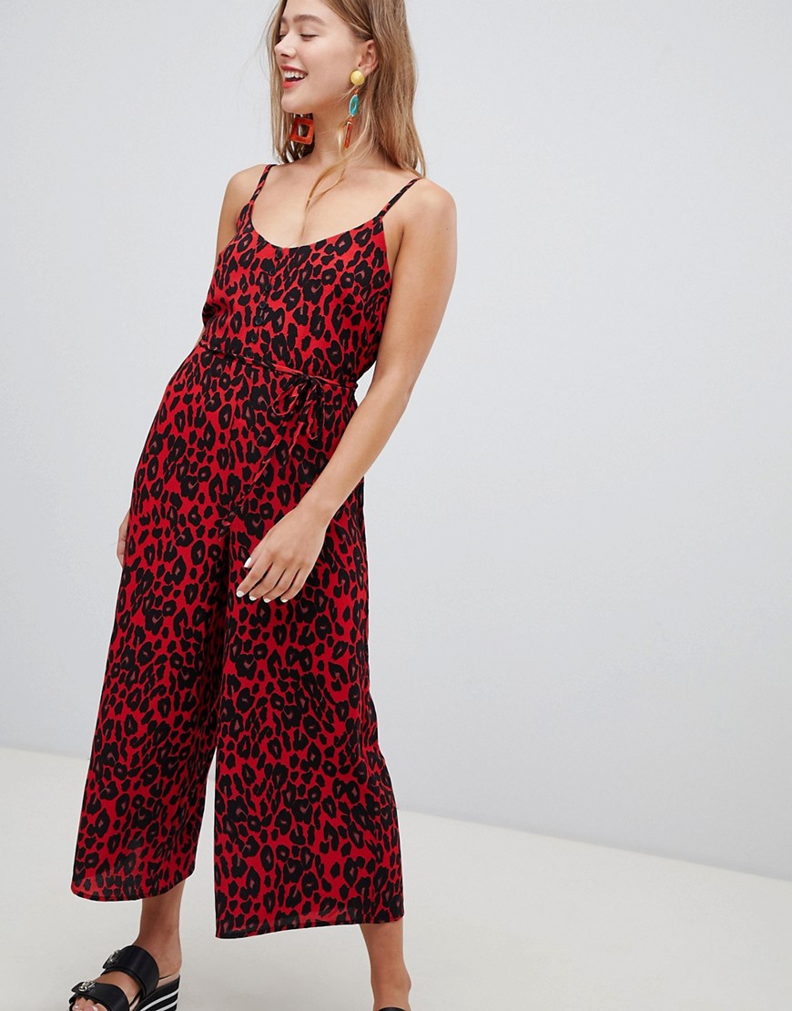New Look button through strappy jumpsuit in leopard print