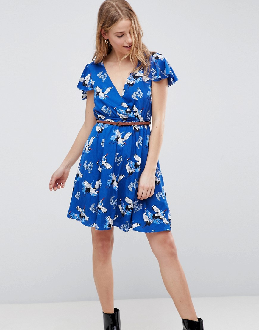 Yumi Wrap Front Dress with Belt in Heron Print
