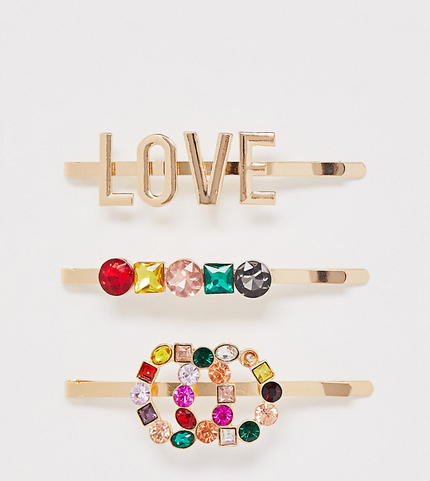 ALDO Devoa rainbow colour love and diamante 3 clip multipack
