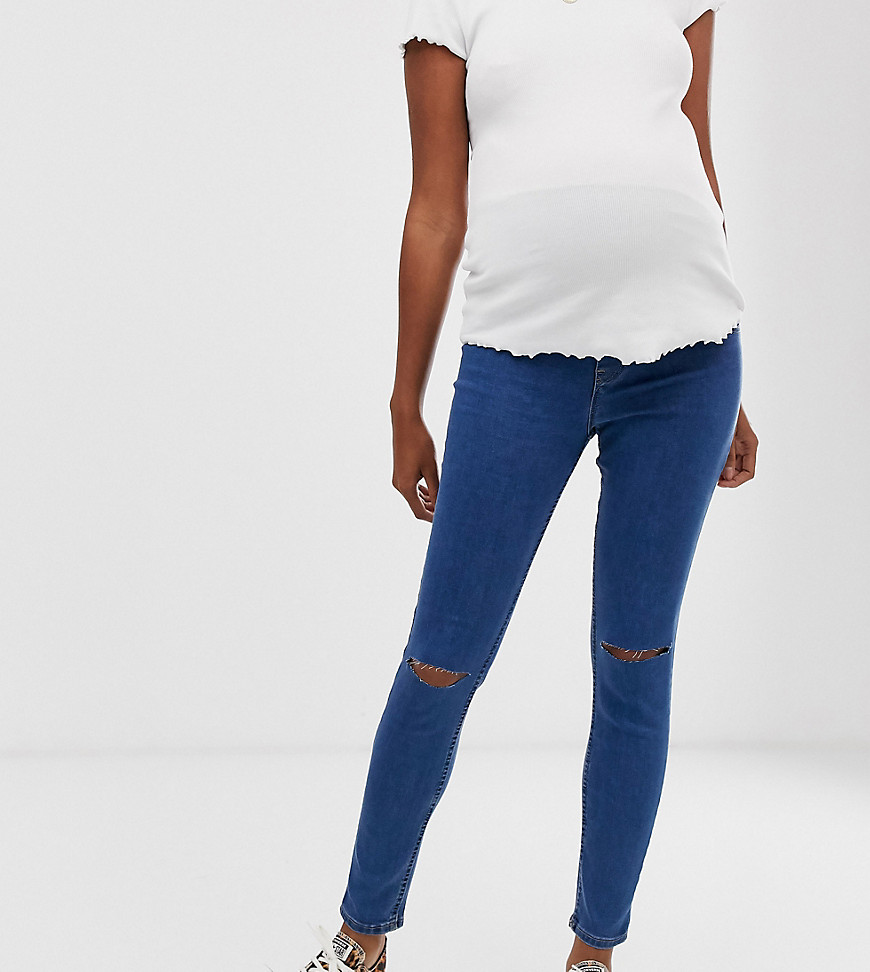 New Look Maternity over bump ripped jeggings in mid blue