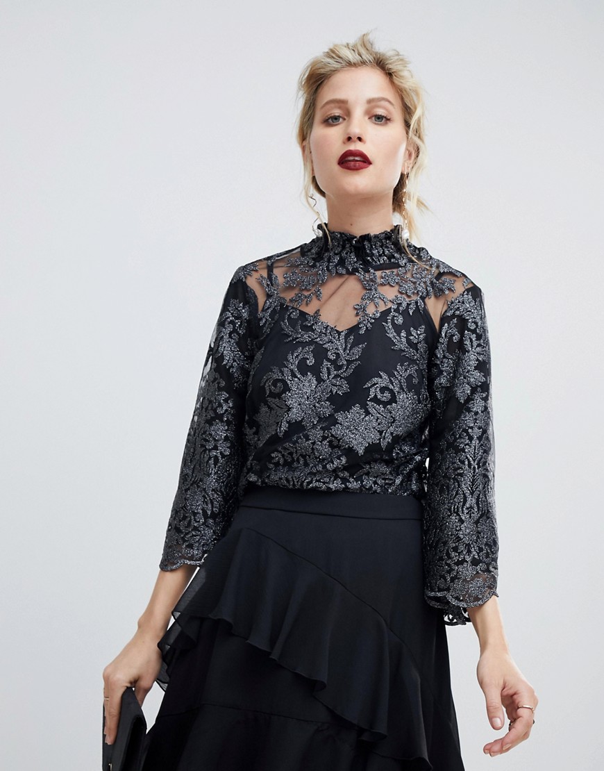 Coast lace high-neck blouse with scallop edge - Gunmetal