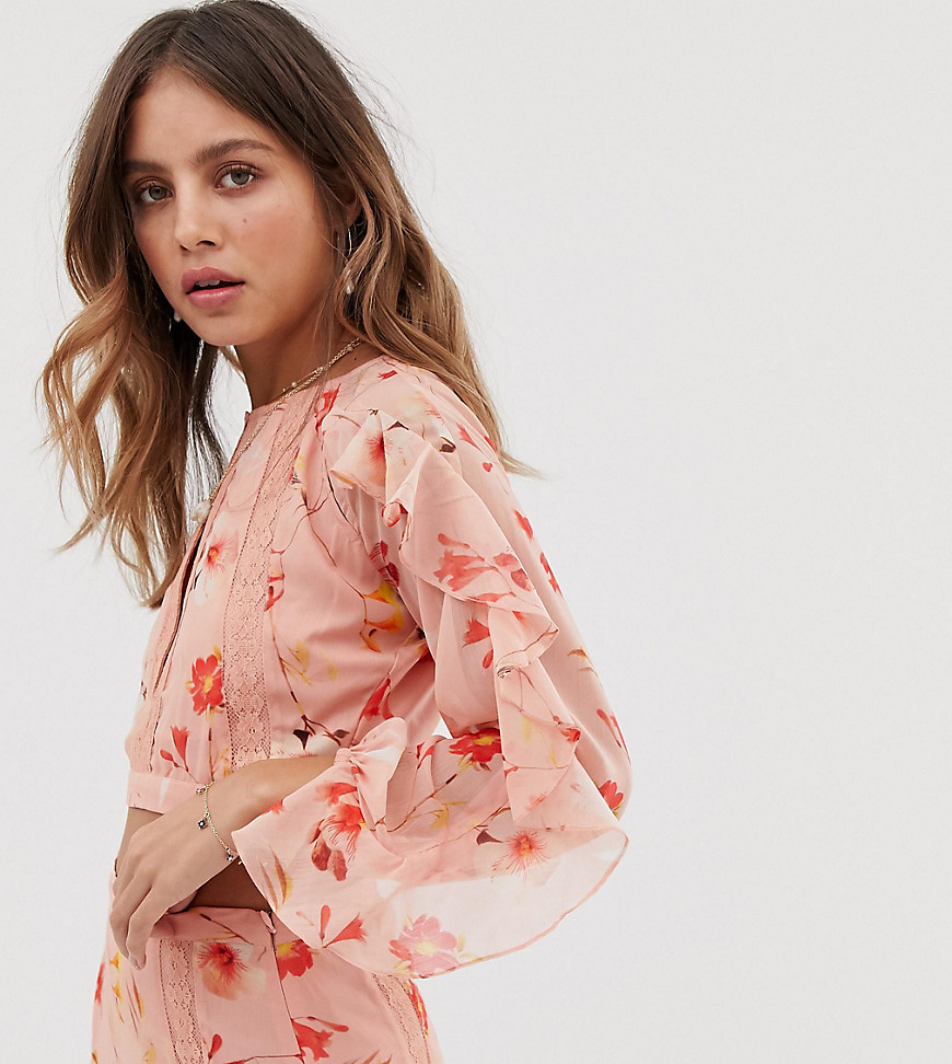 White Sand floral long sleeve top in coral floral print