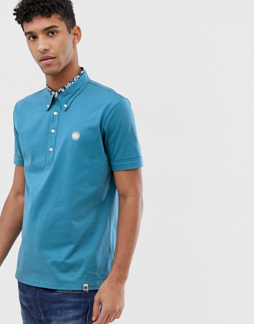 Pretty Green mercerised cotton polo with floral insert in blue