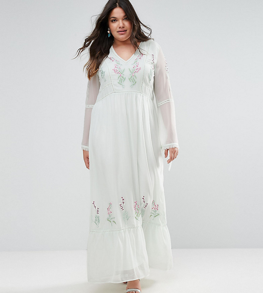 Frock And Frill Plus Embroidered Prairie Maxi Dress With Tie Detail - Green