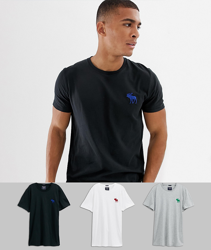 Abercrombie & Fitch 3 pack crew neck t-shirt with exploded icon logo in black/white/grey marl