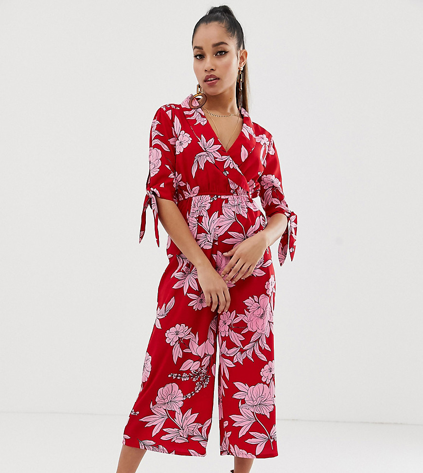 Boohoo Petite exclusive culotte jumpsuit in red floral