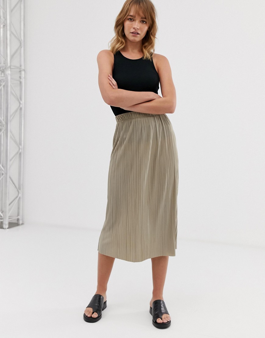 Weekday Pleated Midi Skirt in Beige