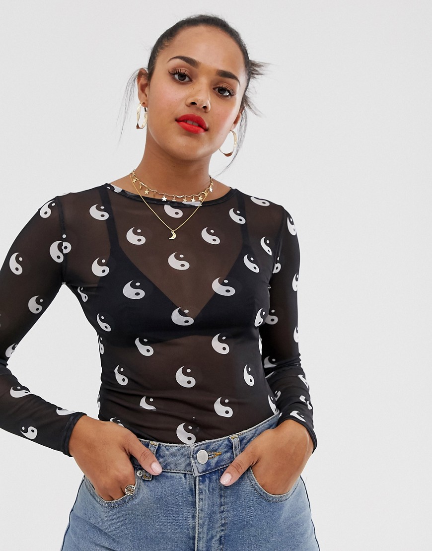 Daisy Street mesh long sleeve top in ying and yang print