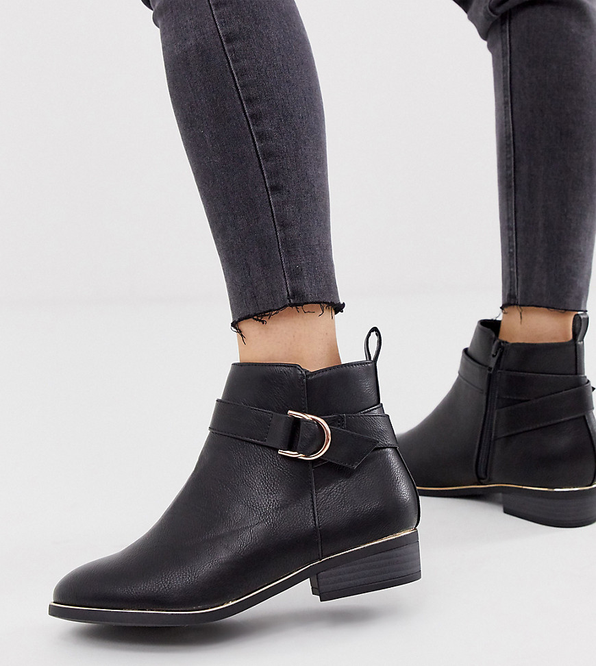 New Look Wide Fit buckle detail flat ankle boots in black