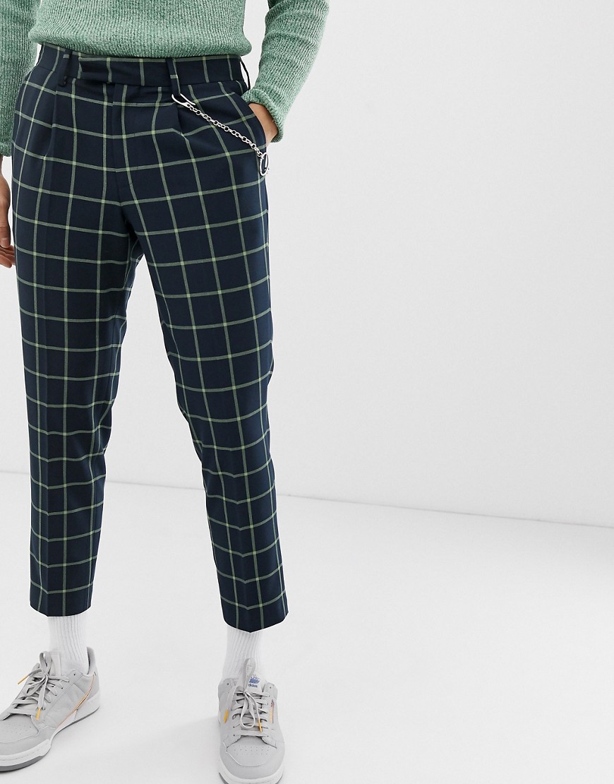 ASOS DESIGN slim crop smart trousers in navy with bright green check and metal pocket chain