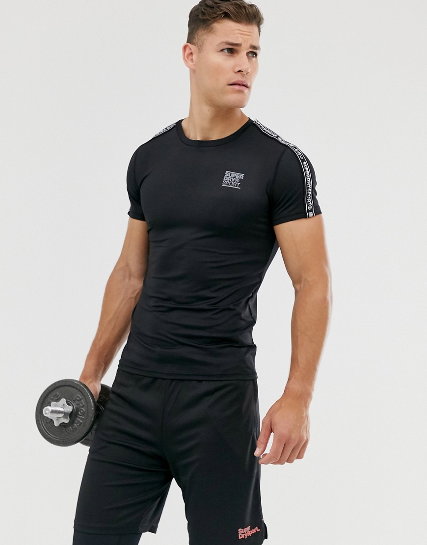 Sueprdry Sport Active tight logo taped t-shirt in black