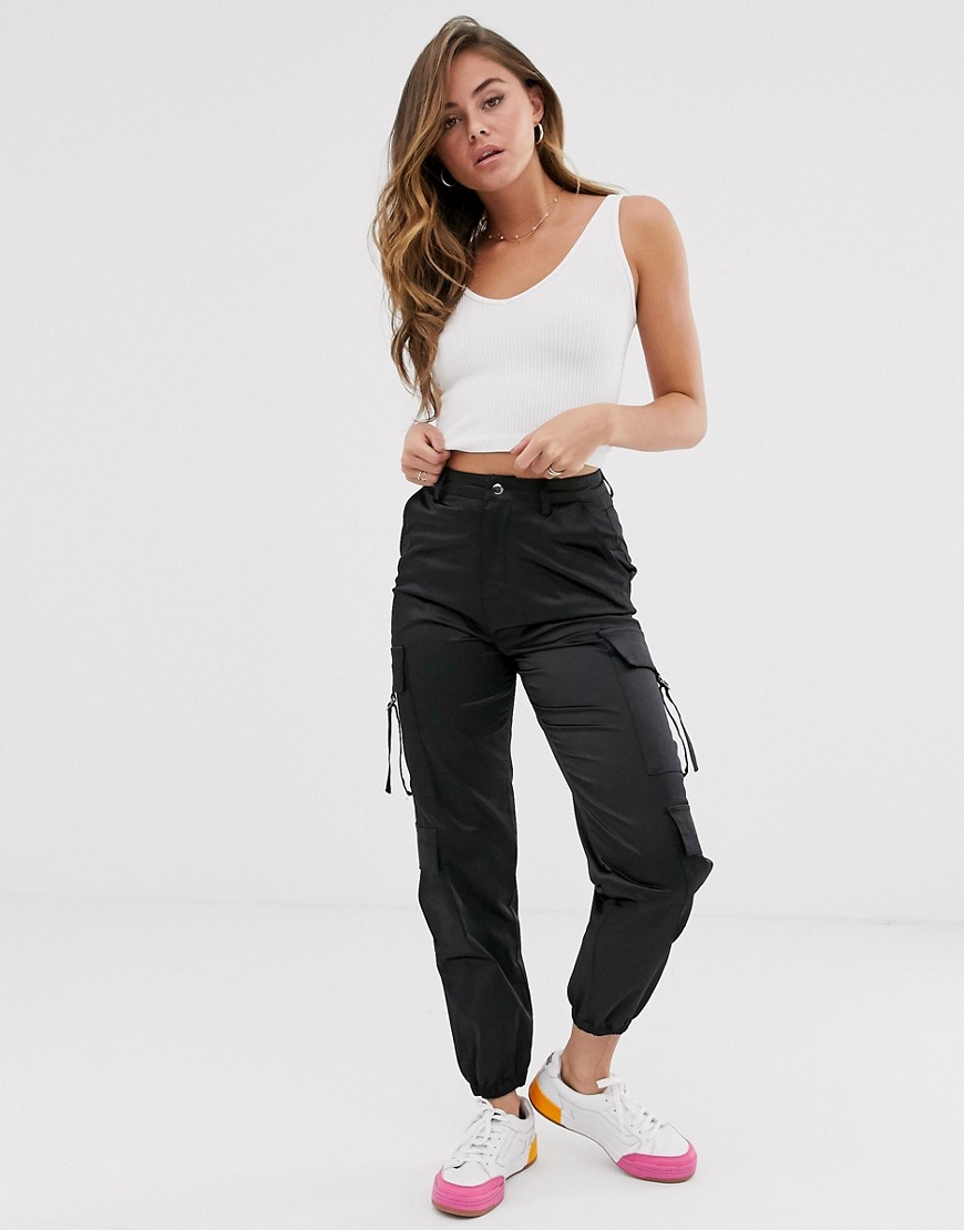 New Look satin cargo trousers in black